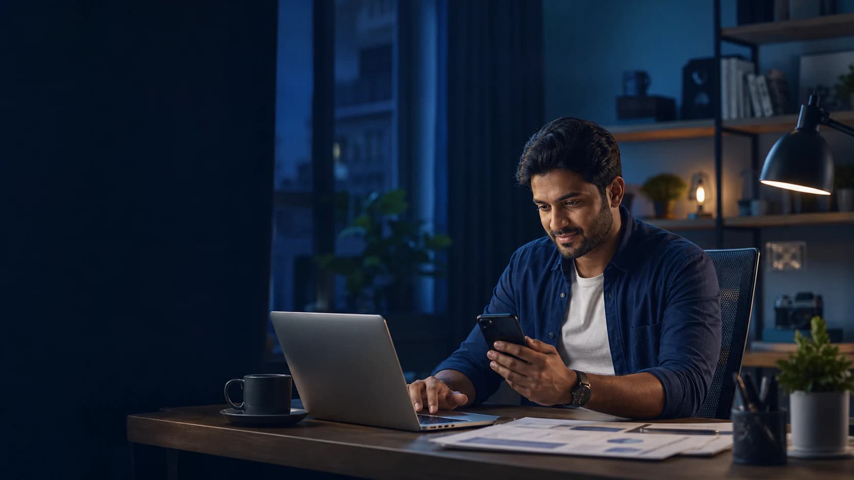 Business owner managing invoices from a laptop and phone